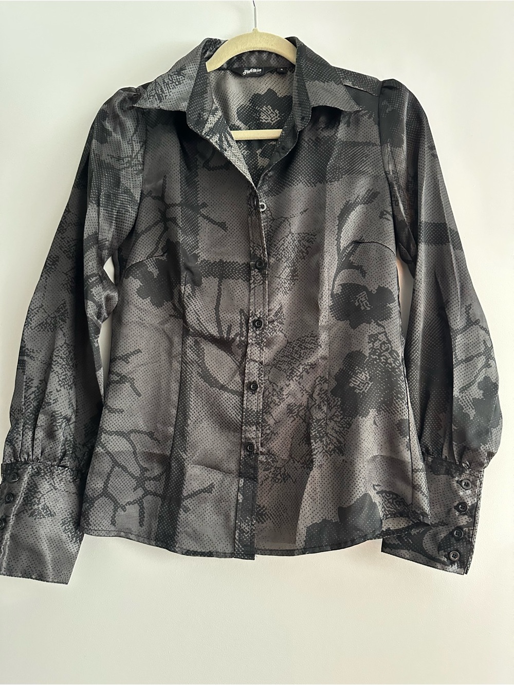 Sheer Floral Button-Up Blouse in Charcoal Black